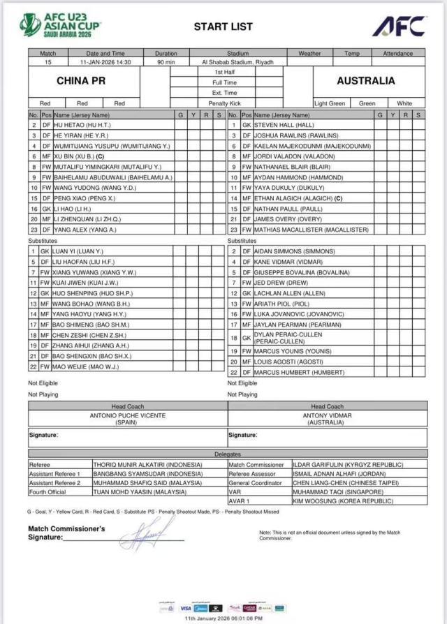 开云官网-U23国足VS澳大利亚首发出炉！王钰栋出战杨希先发